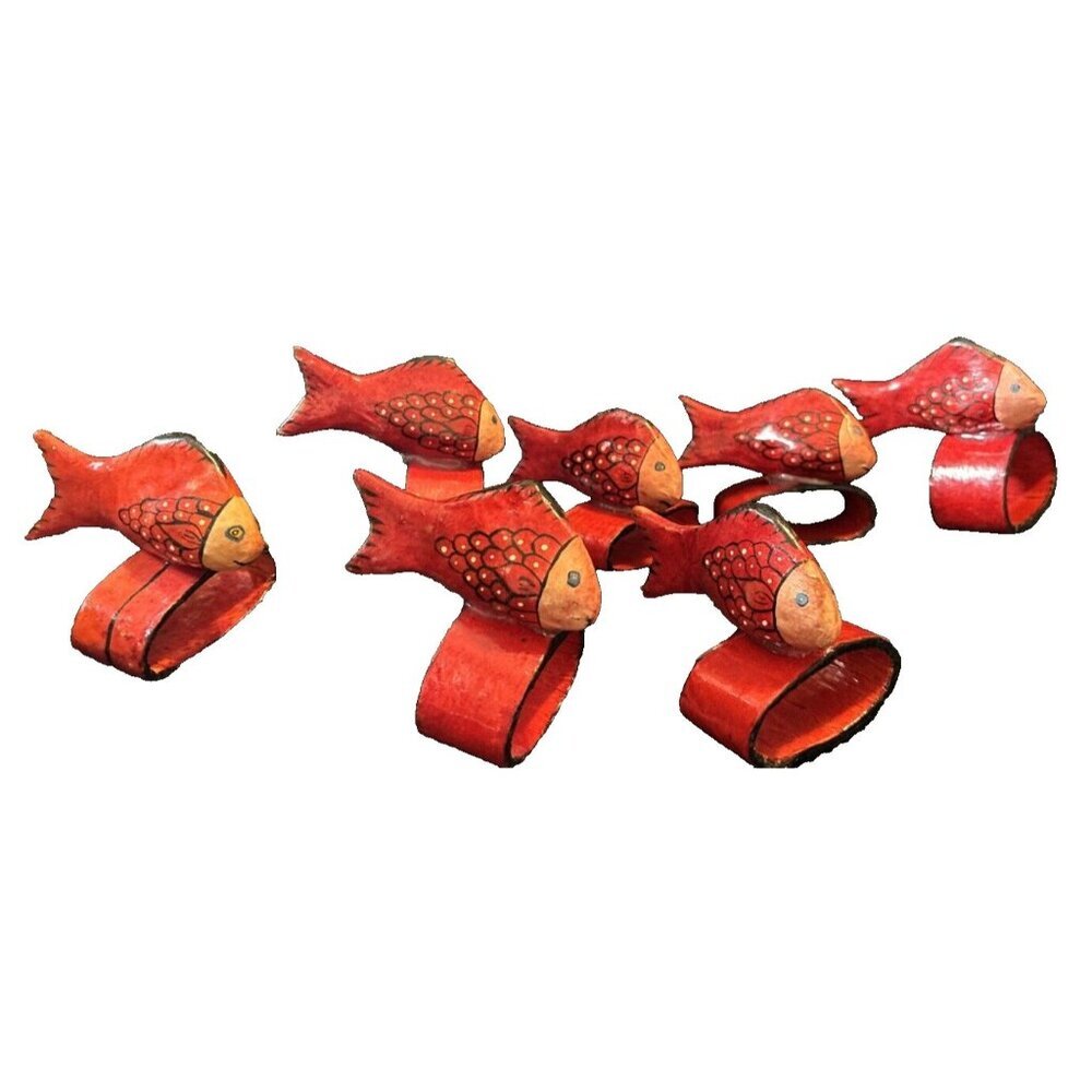Napkin Rings Homemade Paper Quantity 6 Red Fish Folk Artistic Farmhouse